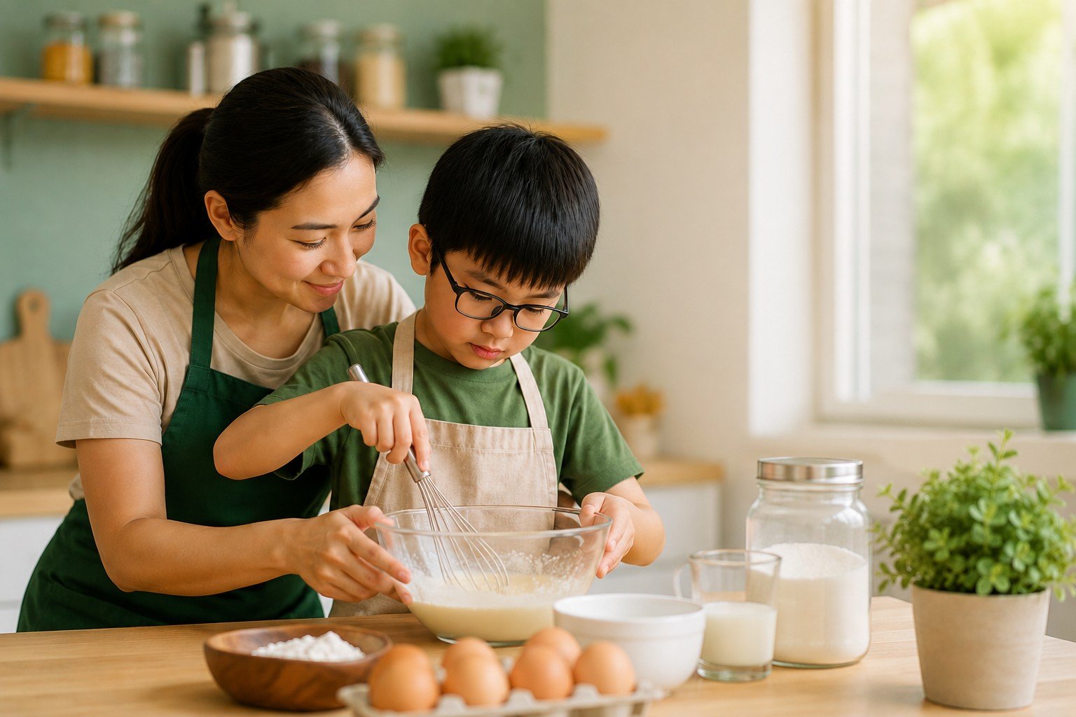A mother and child baking together in the kitchen