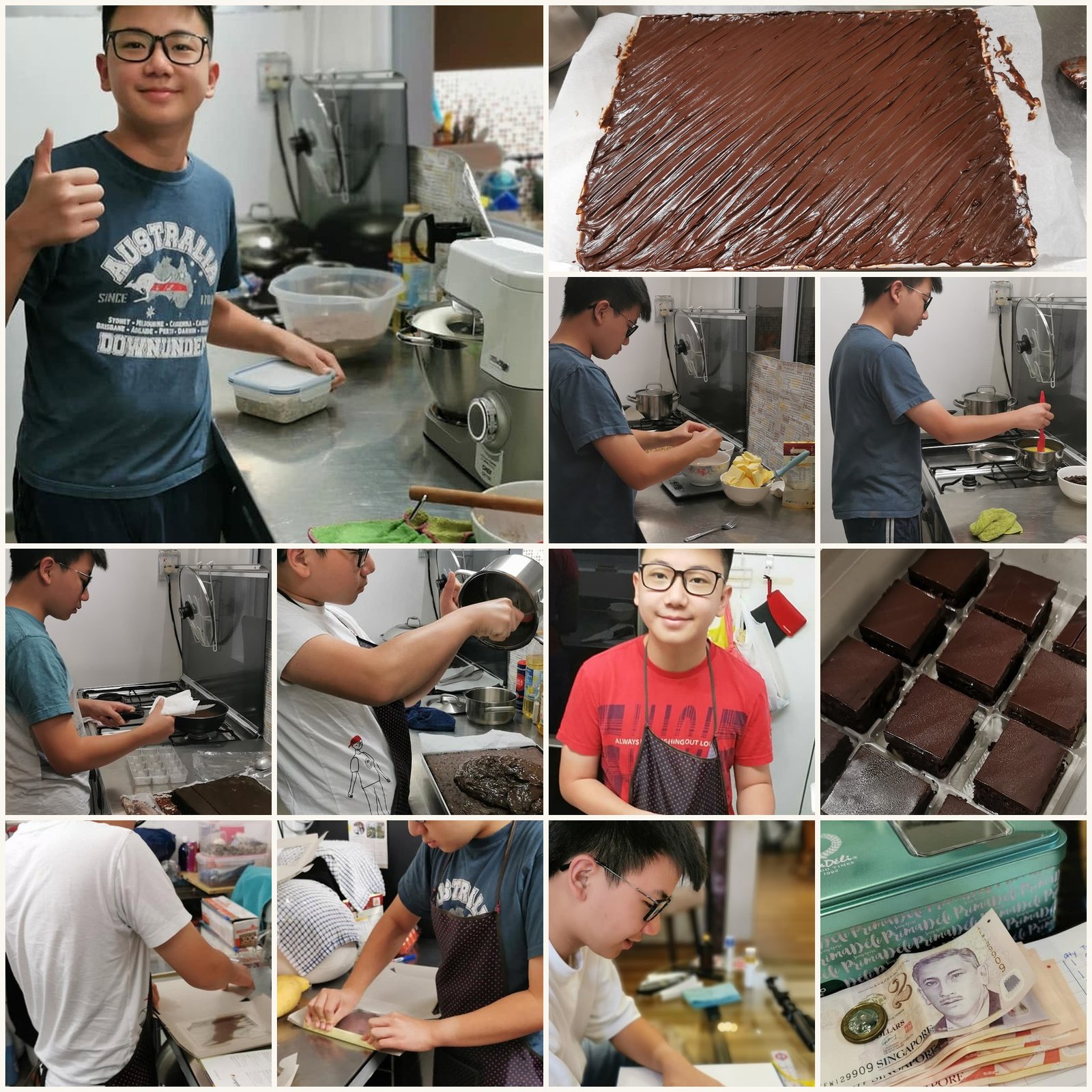 Collage of Ben preparing and packing his first brownie order