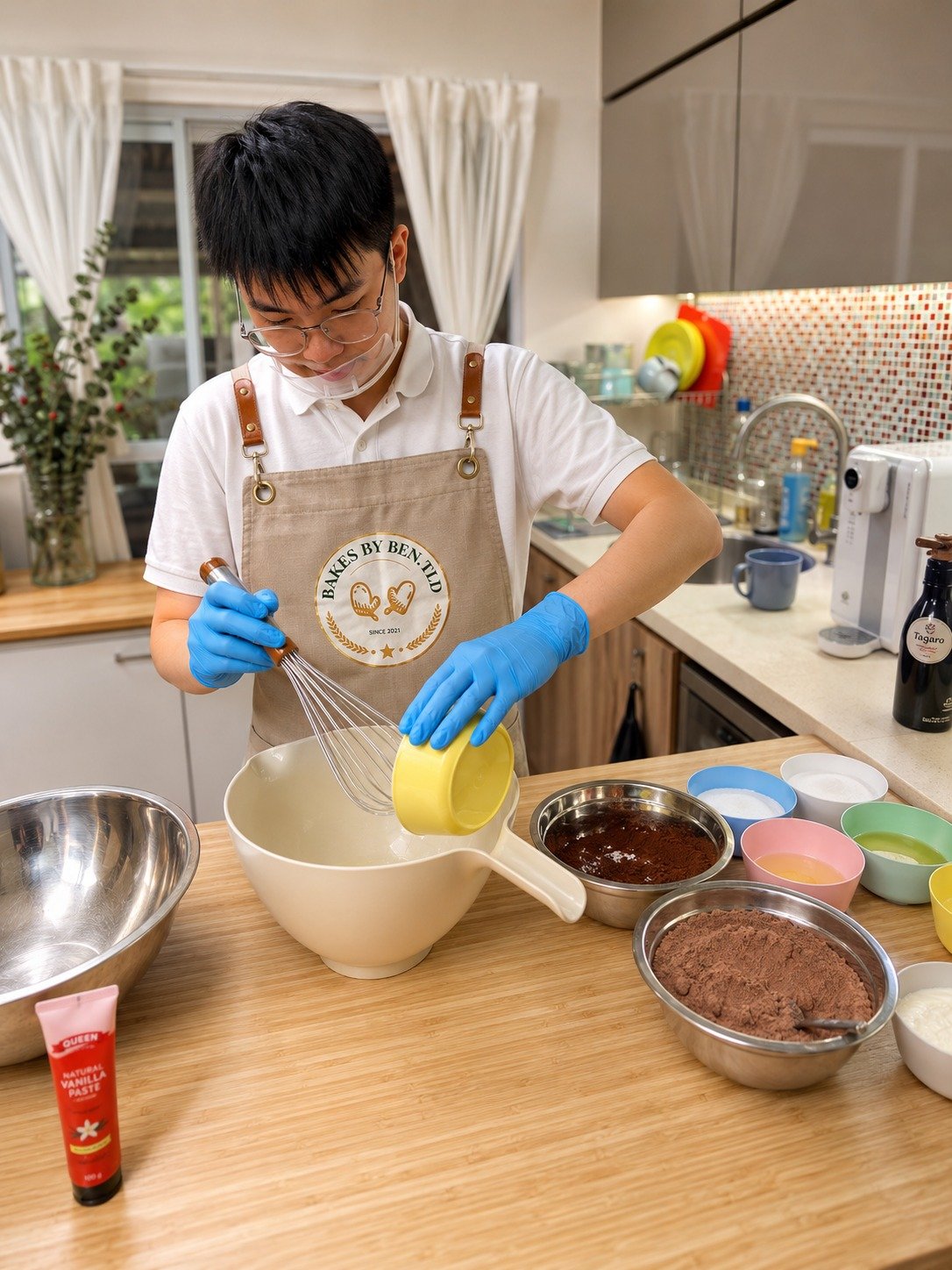 Ben whisking batter, surrounded by bowls of flour, cocoa, and sugar